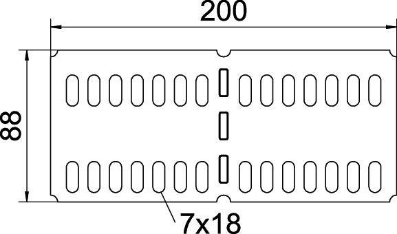 Technische Zeichnung eines rechteckigen Metallgitters mit den Abmessungen: Breite 200 mm, Höhe 88 mm, Schlitze 7x18 mm.