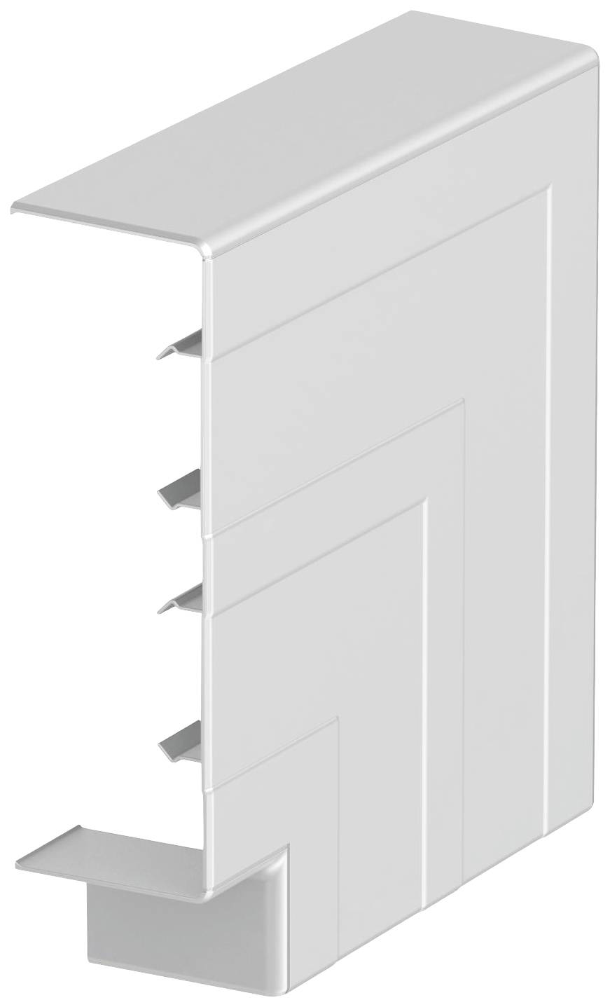 Ein rechteckiger, metallischer Leitungskanalabschluss. Er besitzt mehrere horizontale Kerben an der Rückseite und einen abgewinkelten Fuß.