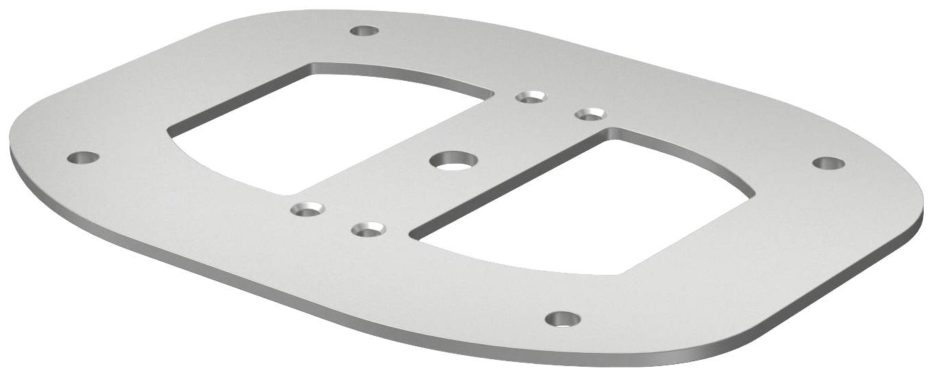 Metallplatte mit ovaler Form und mehreren Löchern unterschiedlicher Größe, möglicherweise Teil eines mechanischen Geräts oder einer Befestigung.