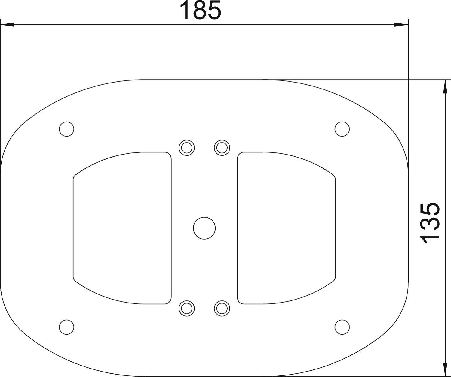 Technische Zeichnung einer rechteckigen Platte mit abgerundeten Ecken, zwei rechteckigen Aussparungen, fünf kreisförmigen Bohrungen. Maße: 185x135 mm.