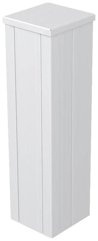 Weiße, quadratische Säule mit flachem Deckel, vermutlich als Pfosten für einen Zaun oder als dekoratives Element verwendet.