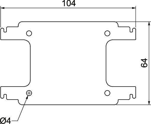 Technische Zeichnung eines rechteckigen Metallteils mit den Maßen 104 mm Länge und 64 mm Breite. Enthält Bohrungen mit Durchmesser 4 mm.