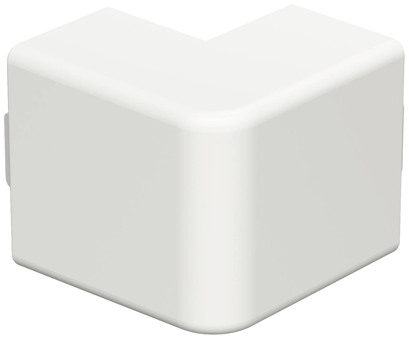 Eine weiße, L-förmige Eckverbindung aus Kunststoff, vermutlich für die Verbindung von Kabelkanälen oder ähnlichen Strukturen.