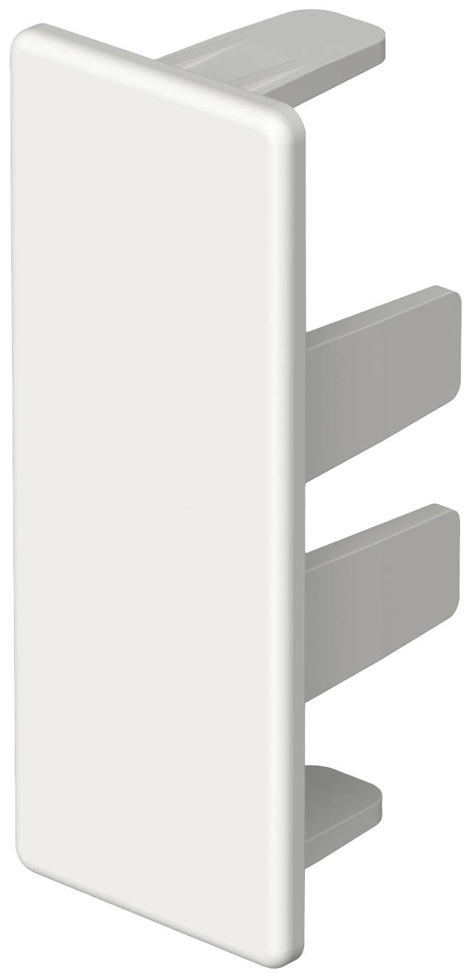 Ein weißer, rechteckiger Kunststoffverschlussstopfen mit drei Befestigungsstegen, seitlich dargestellt.