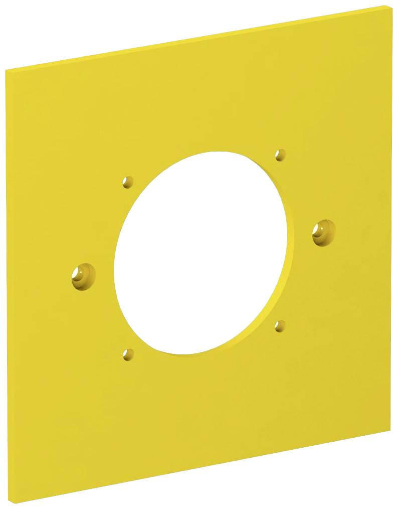 Gelbe quadratische Platte mit kreisförmiger Aussparung in der Mitte, umgeben von vier kleinen Schraublöchern.