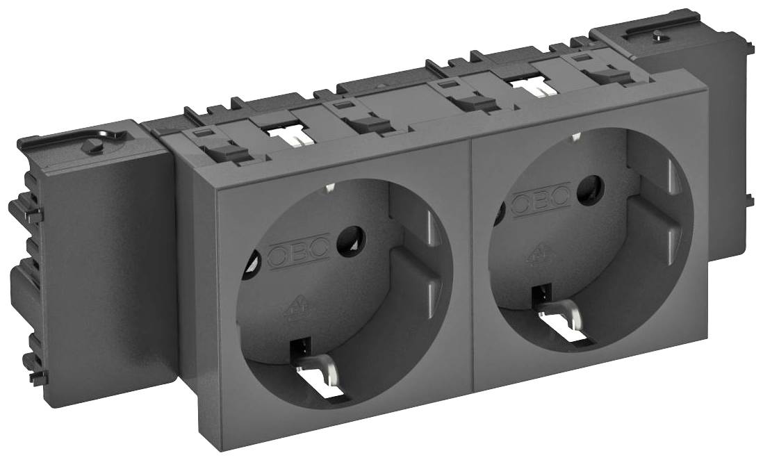 Doppelsteckdose zur Wandmontage in Schwarz. Geeignet für europäische Stecker, mit Schutzkontakt und seitlichen Montageelementen.