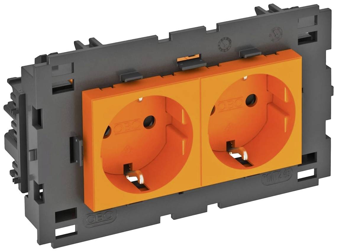 Doppelsteckdose in orange, eingebettet in einem schwarzen Gehäuse, für elektrische Anschlüsse.