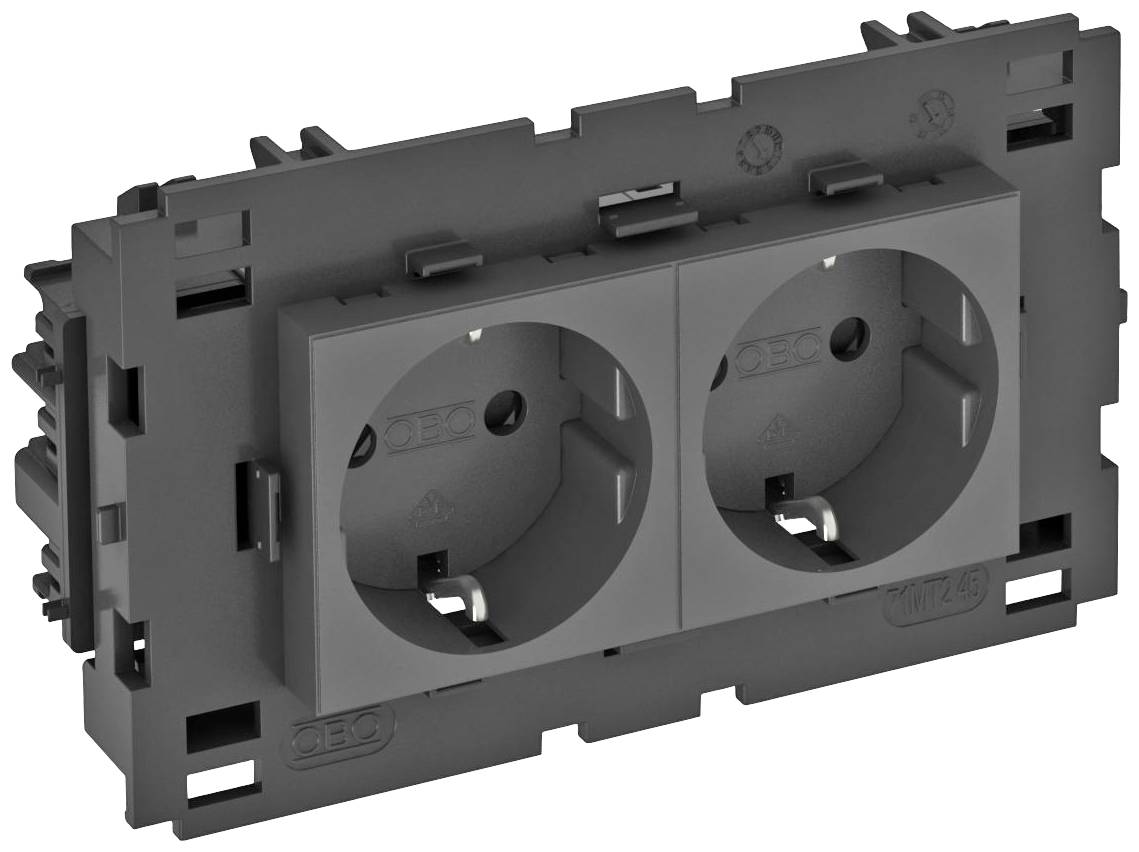 Doppelte Steckdose in schwarzem Kunststoffrahmen, geeignet für europäische Schuko-Stecker, Wandmontage vorgesehen.