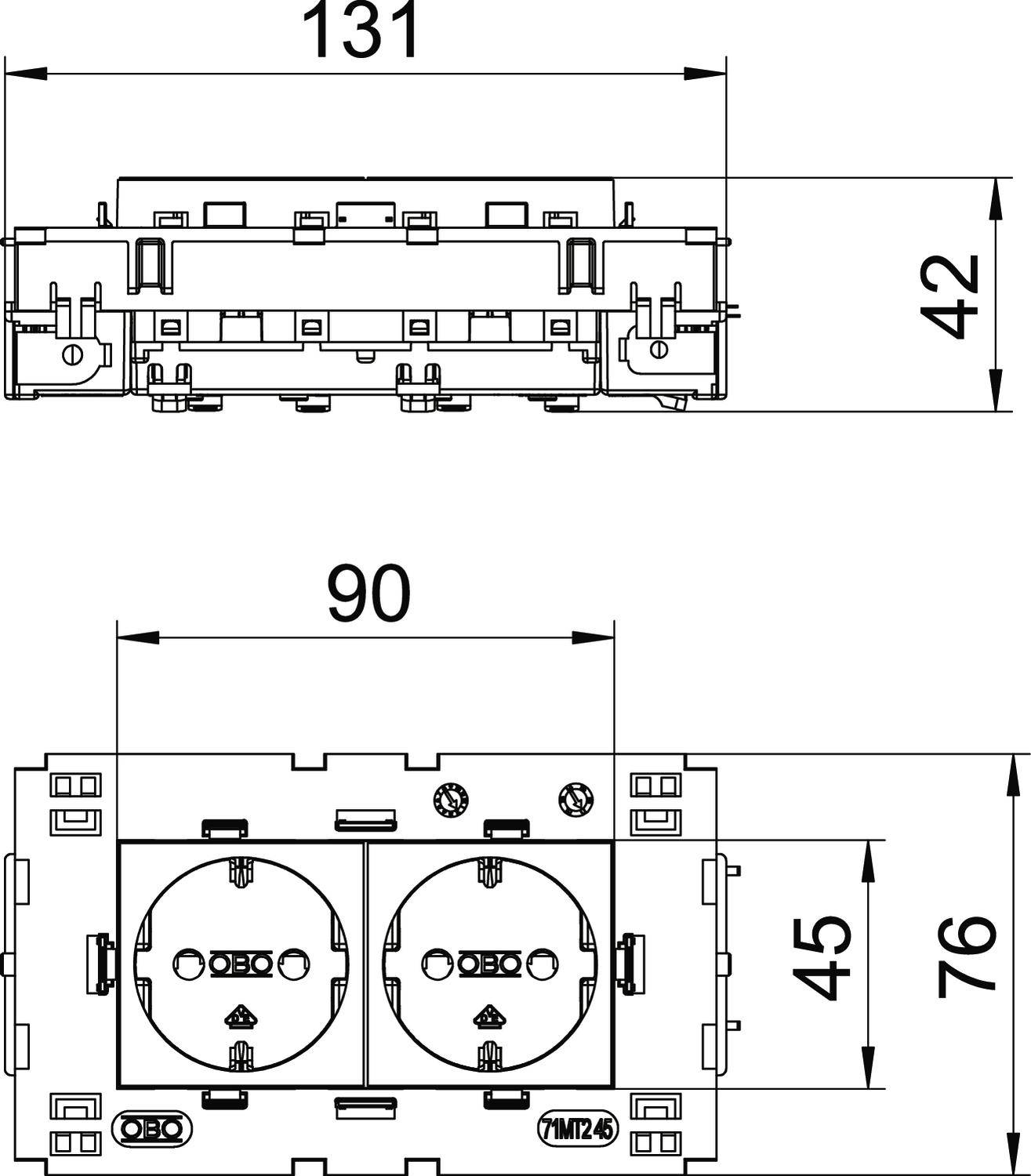 Technische Zeichnung einer Doppelsteckdose mit Abmessungen: Breite 131 mm, Höhe 42 mm oben; Breite 90 mm, Höhe 45 mm unten.