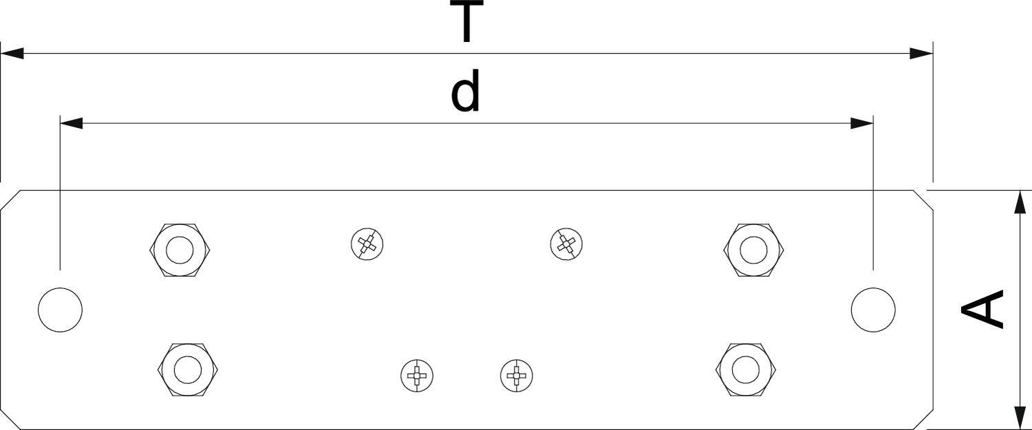Technische Zeichnung einer Metallplatte mit Bohrungen und Maßen T (Breite), d (Durchmesser der Bohrungen) und A (Höhe der Platte).
