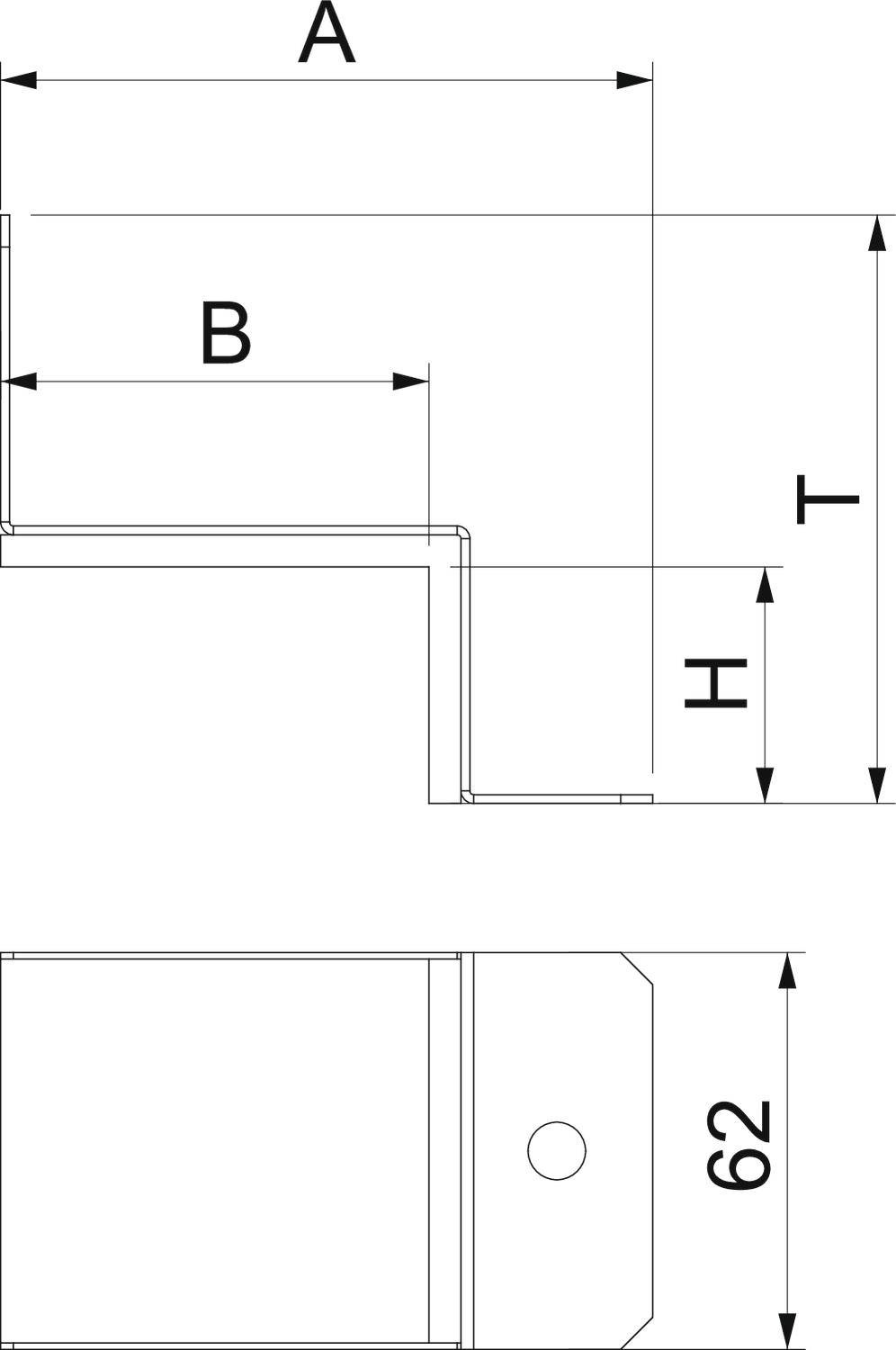 Technische Zeichnung eines Profils mit den Maßen A, B und T, sowie einer Höhe von 62 mm. Das Profil zeigt eine Seiten- und Draufsicht.