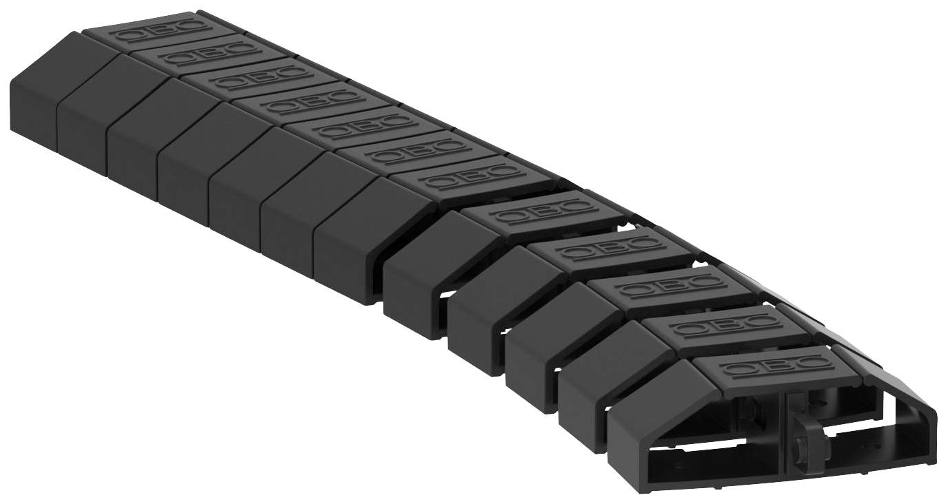 Ein schwarzer Kabelschutz oder Kabelkanal, der aus mehreren rechteckigen Segmenten besteht, die zusammen eine flexible Schutzvorrichtung bilden.