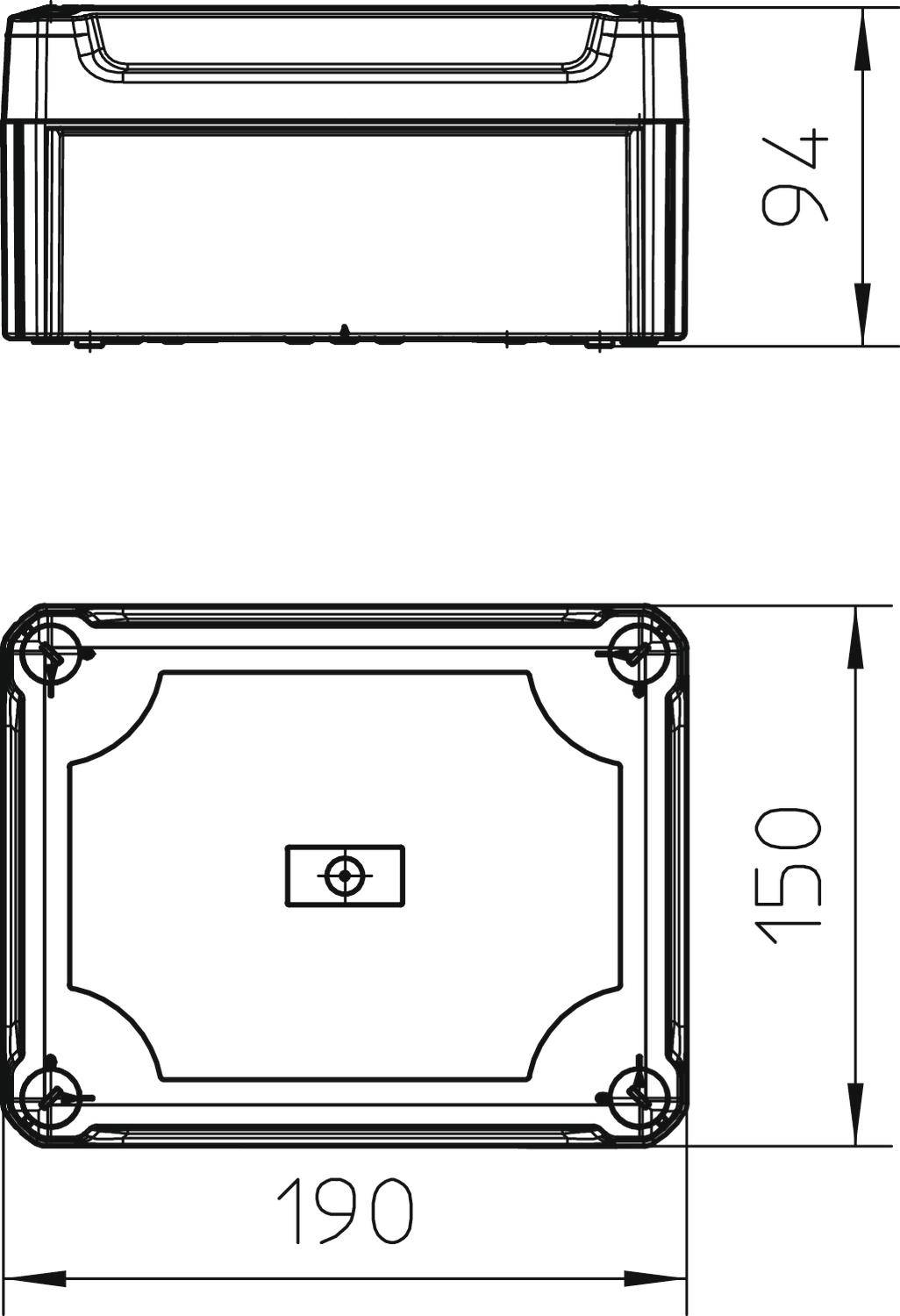 Abmessungszeichnung eines rechteckigen Gehäuses. Oben: Höhe 94 mm. Unten: Breite 190 mm, Höhe 150 mm. Schraublöcher in den Ecken.