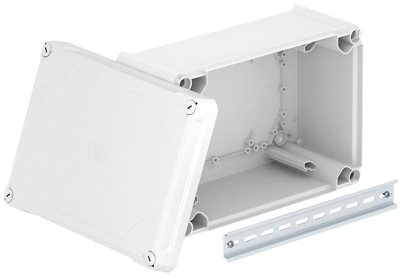 Weiße rechteckige Kunststoffbox, geöffnet, mit abnehmbarem Deckel. Eine Metallleiste mit Löchern daneben, vermutlich zur Befestigung.