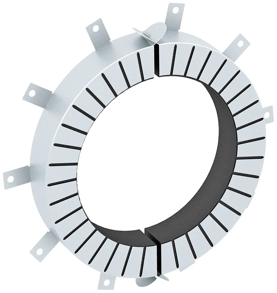 Ein rundes, metallisches Bauteil mit gleichmäßig verteilten Zahnförmigen Elementen, möglicherweise Teil eines technischen oder industriellen Geräts.
