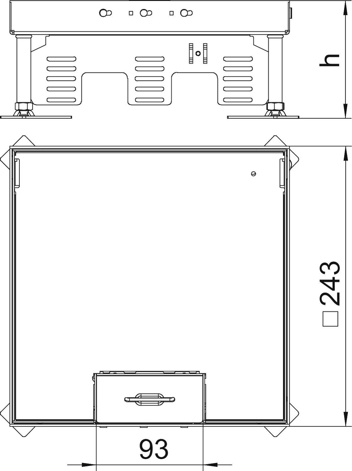 Technische Zeichnung eines rechteckigen Geräts von oben und von der Seite, Maße: 243 x 93 mm, Höhe angegeben als 'h'.
