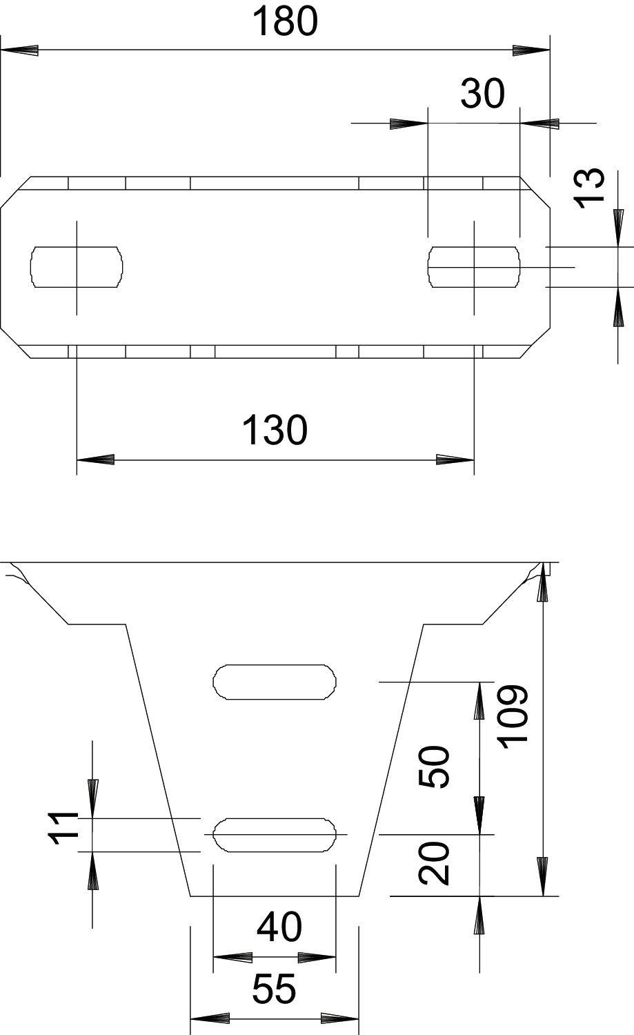Technische Zeichnung mit Maßen: Oben ein Rechteck mit abgerundeten Enden (180x30mm), unten ein Bauteil mit Winkeln, Maßen und Löchern.