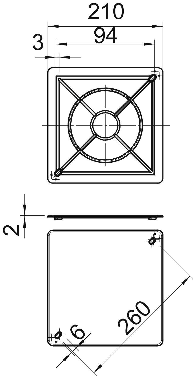 Technische Zeichnung einer quadratischen Metallplatte mit Maßen: 210x210 mm, Dicke 2 mm, Bohrlochdurchmesser 6 mm und diagonalem Maß 260 mm.