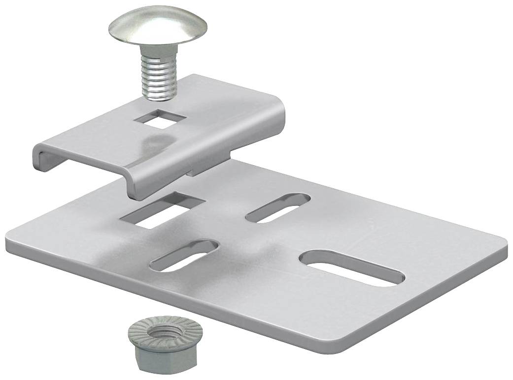 Metallhalterung mit rechteckiger Basis und abgerundeten Ecken. Zwei Schrauben sind lose positioniert, eine mit flachem Kopf.