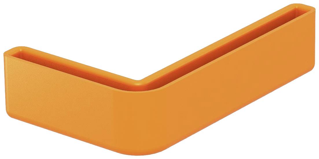 Ein orangefarbener, rechtwinkliger Gegenstand mit abgerundeter Ecke, möglicherweise ein Wandregal oder Halter.