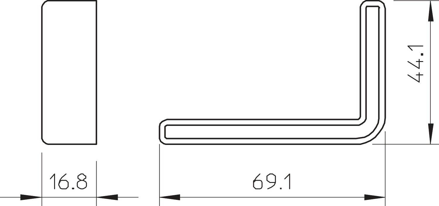 Technische Zeichnung eines L-förmigen Winkels mit den Maßen 16,8 mm Breite, 69,1 mm Länge und 44,1 mm Höhe.