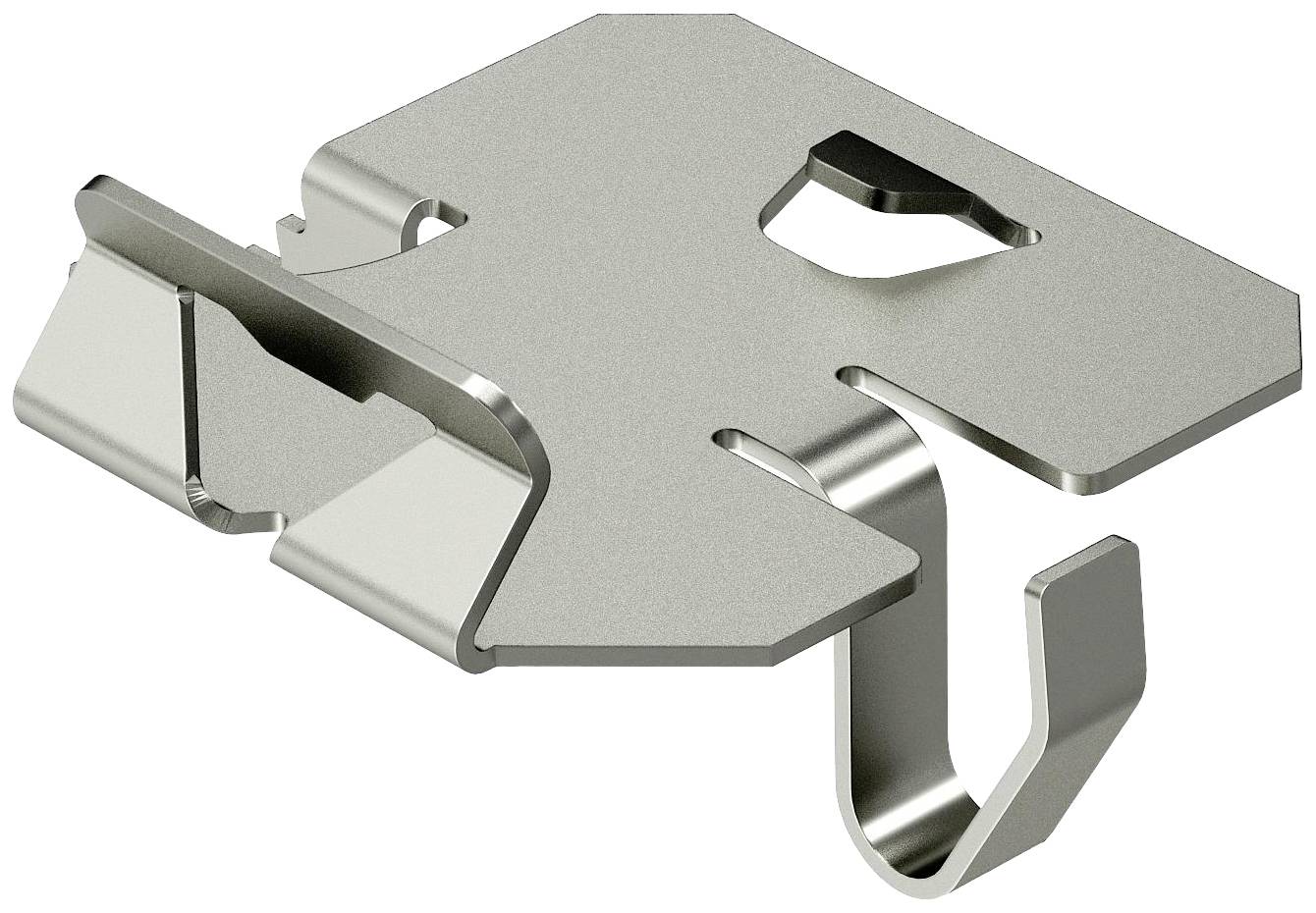 Metallclip mit Haken und Öffnungen, entwickelt für Befestigungszwecke. Hochgradig anpassbar für verschiedenen Materialien und Einsatzbereiche.