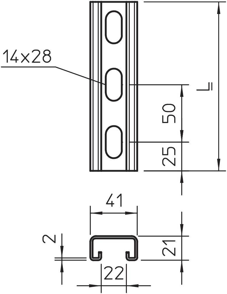 Technische Zeichnung eines Metallprofils mit Maßen: Länge L, Breite 41mm, Höhe 22mm, Dicke 2mm. Löcher 14x28mm im Abstand von 50mm.