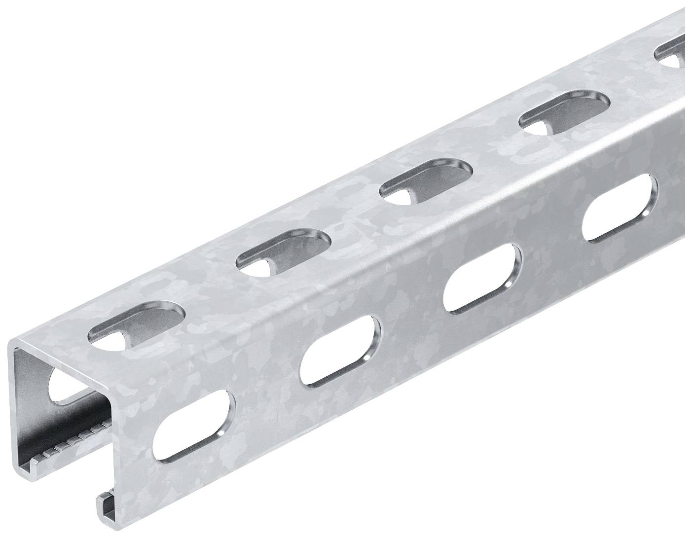 Metallschiene mit ovalen Löchern, geeignet für Bau- oder Montagezwecke.