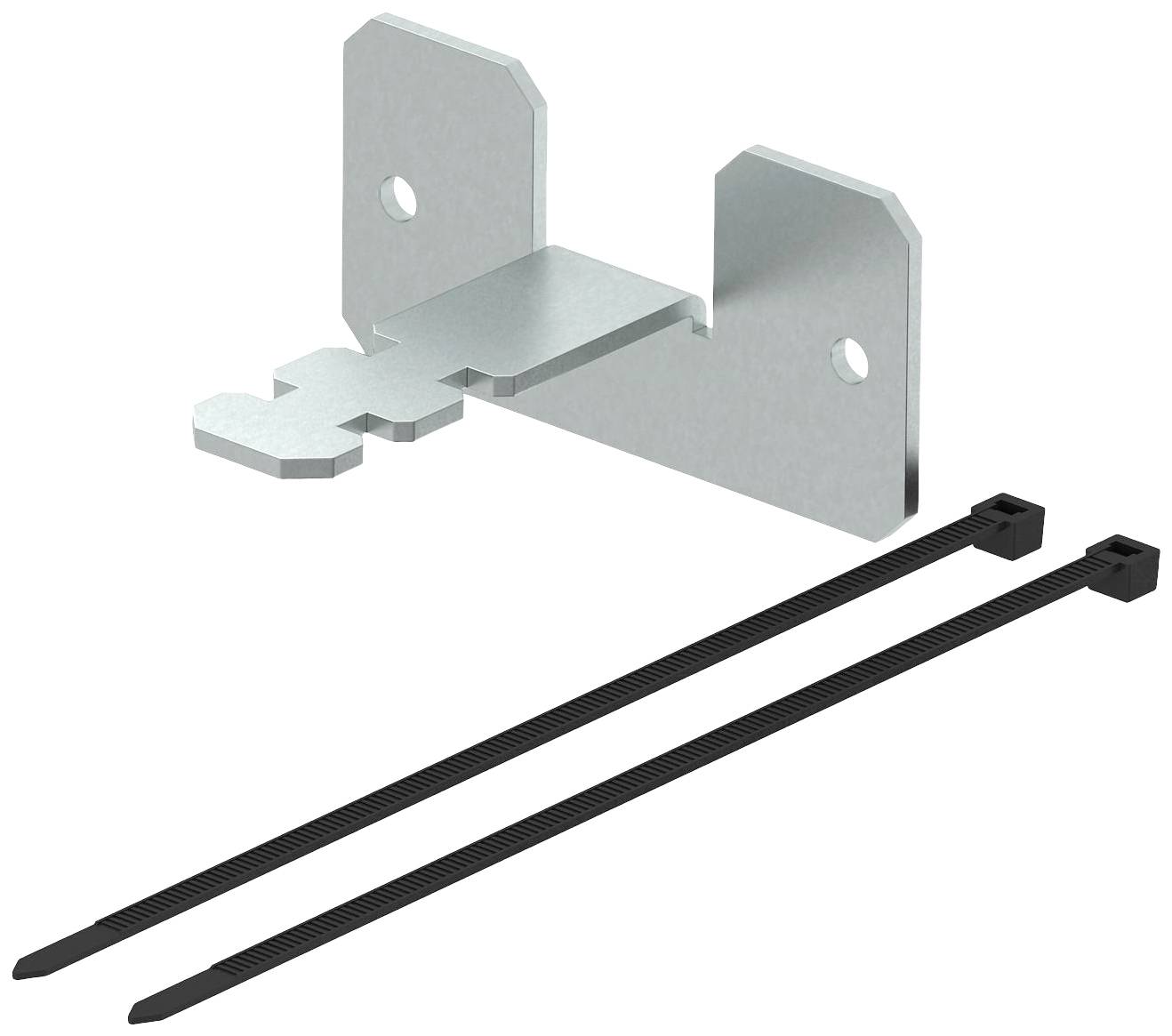 Metallhalterung mit rechteckiger Aussparung in der Mitte, zwei Schraublöchern und zwei schwarzen Kabelbindern zur Befestigung.