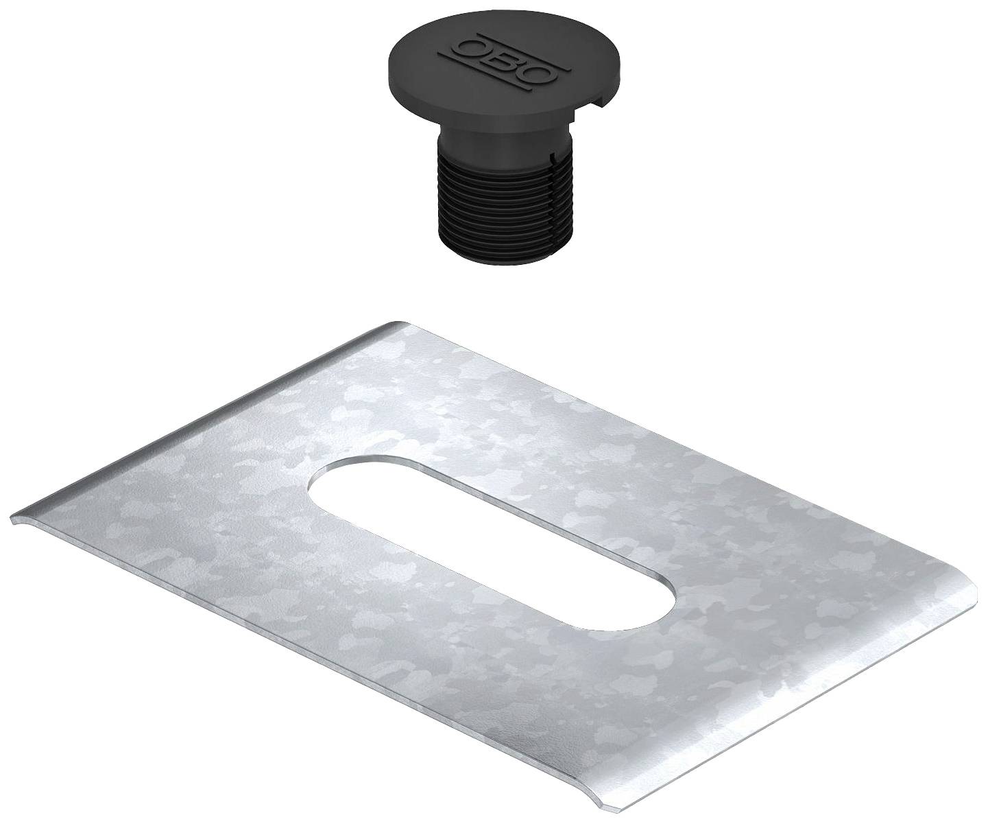 Metallplatte mit ovalem Loch und schwarzem Kunststoffverschluss oben. Beide Teile sind für Montagezwecke gedacht.