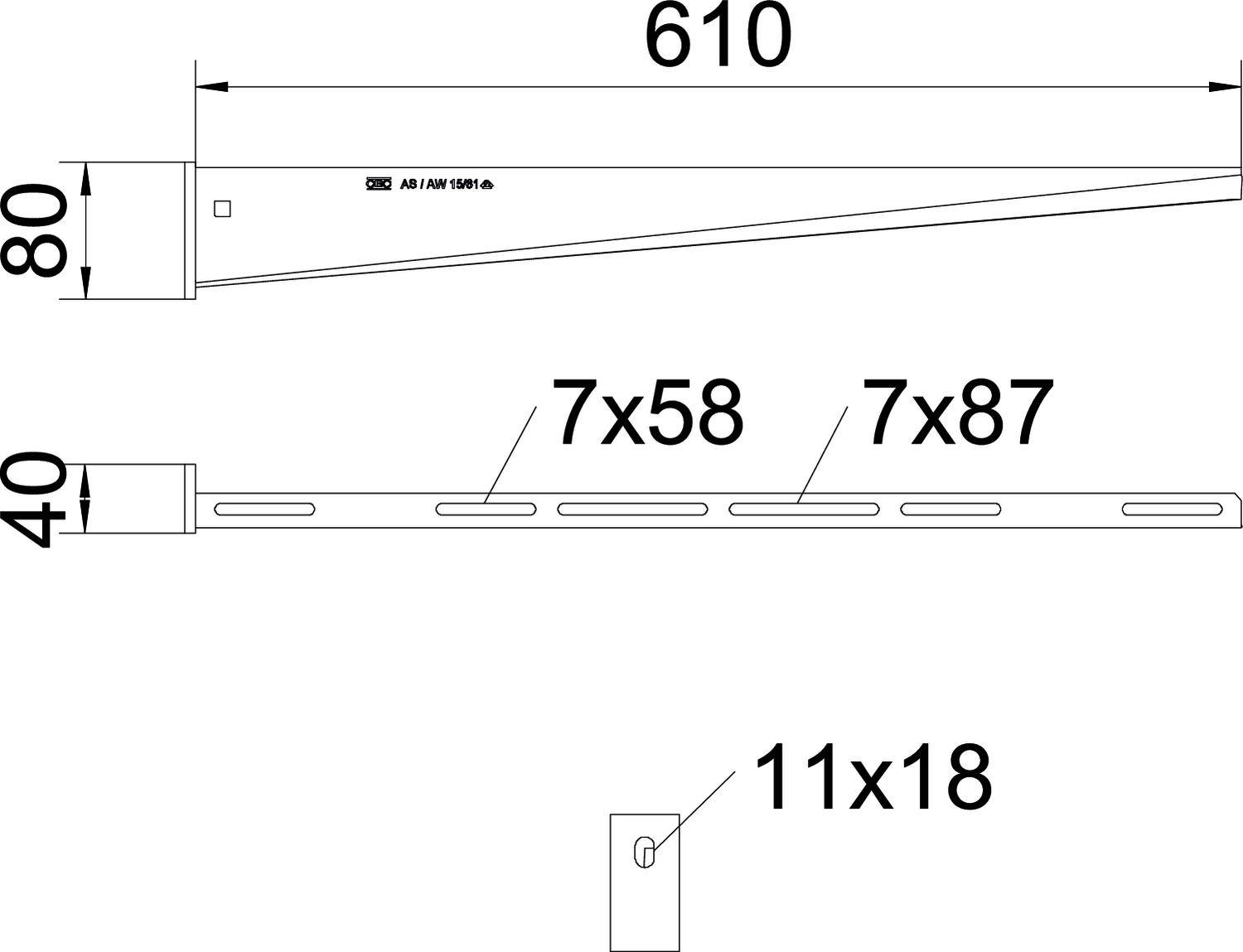 Technische Zeichnung eines Winkeleisens mit Maßen: Länge 610 mm, Breite 80 mm, seitliche Öffnungen 7x58 mm und 7x87 mm, Loch 11x18 mm.