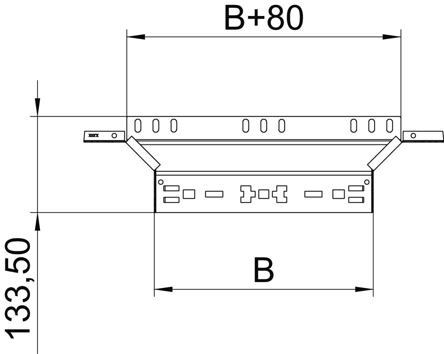 Technische Zeichnung eines Kanalträgers mit Beschriftungen. Höhe 133,50 mm, Breite B, Gesamtbreite B+80 mm.
