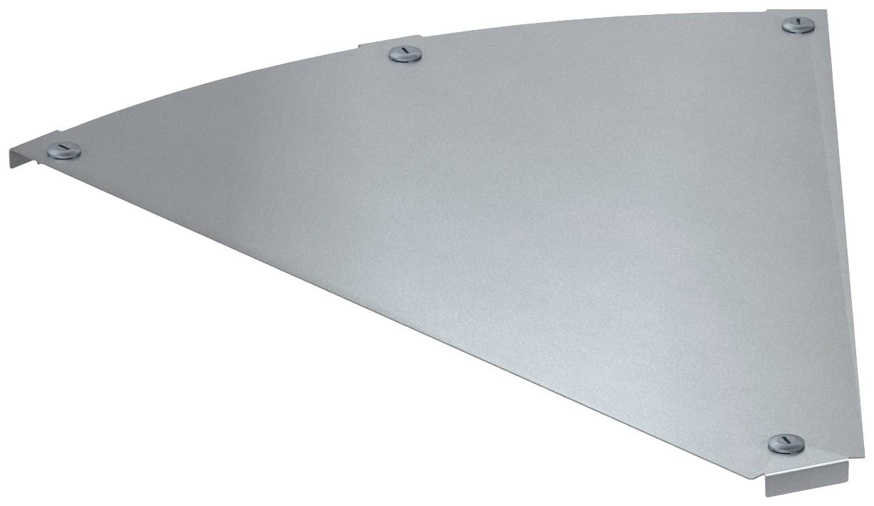 Dreieckiges Metallstück mit abgerundeter Kante, befestigt durch vier sichtbare Schrauben in den Ecken, möglicherweise eine Regalhalterung.