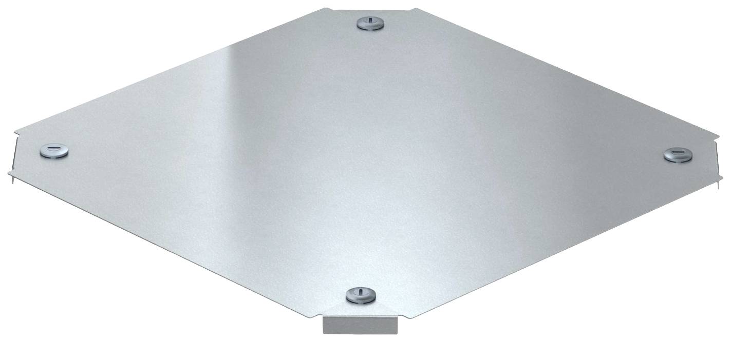 Metallische quadratische Platte mit abgerundeten Ecken. Vier Schrauben an den Ecken. Glatte, reflektierende Oberfläche.