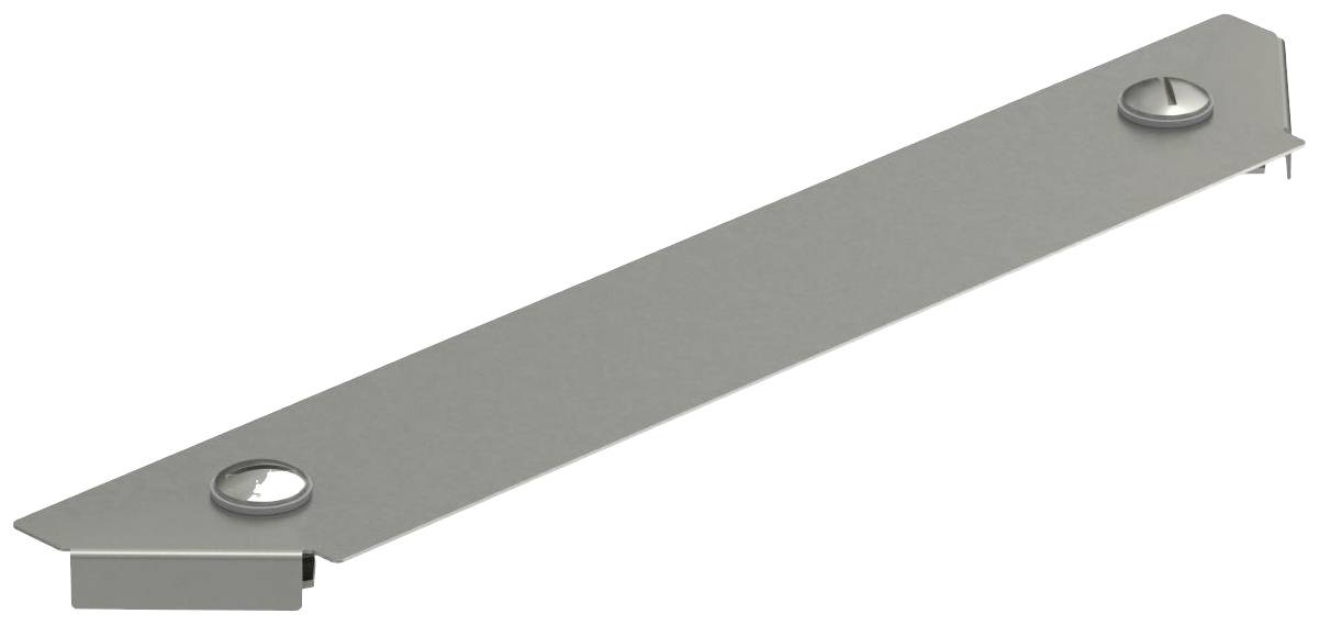 Metallische Blende für PC-Gehäuse, lang und rechteckig, mit zwei Schrauben an den Enden, für Erweiterungsschächte in Computern.