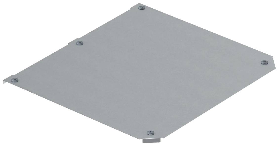 Metallplatte mit vier sichtbaren Schrauben an den Ecken, leicht geneigt dargestellt.