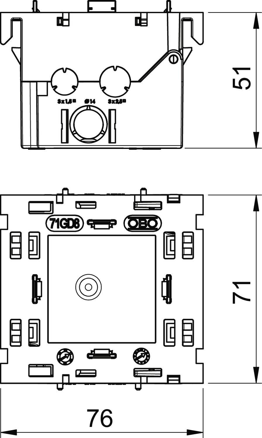 Technische Zeichnung eines elektrischen Schalters mit Maßen: 51 mm Höhe, 76 mm Breite. Zeigt Einbau- und Anschlussdetails.