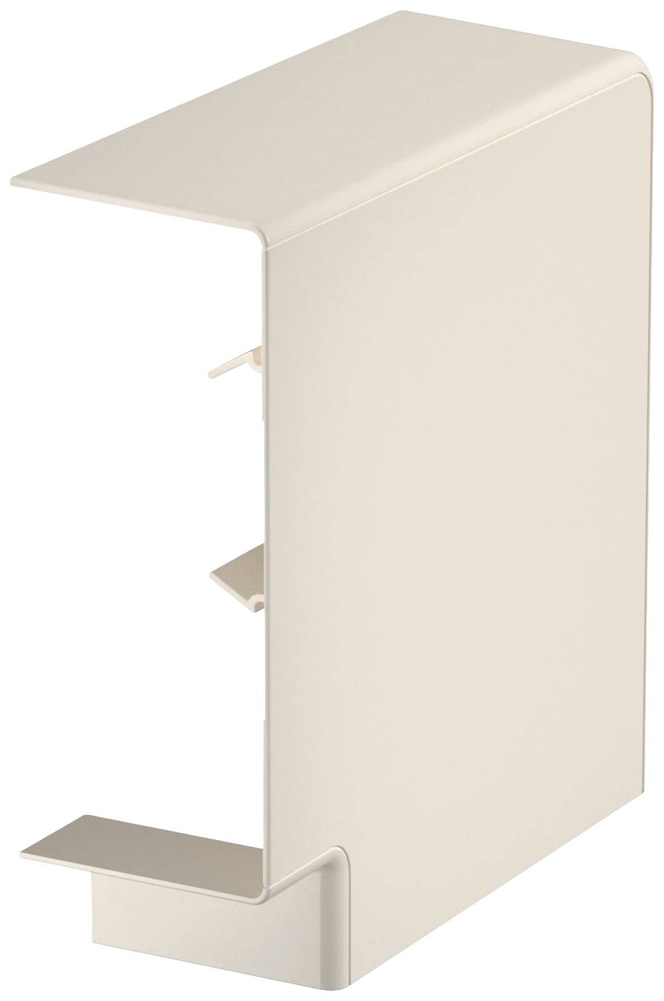 Beige, rechteckiges Bauteil mit abgeschrägter Kante und innenliegenden Halteclips, wahrscheinlich ein Abdeckungsstück für Kabelkanäle.