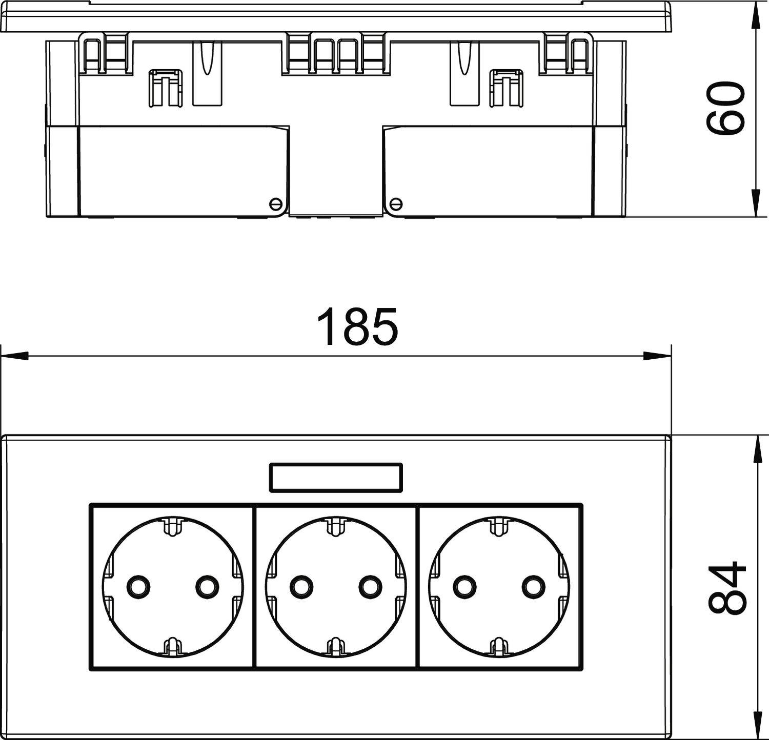 Technische Zeichnung einer dreifachen Steckdose mit Abmessungen: Breite 185 mm, Höhe 84 mm, Tiefe 60 mm.