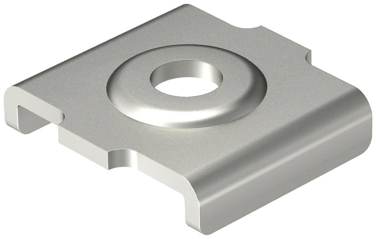 Ein quadratisches, silbernes Metallteil mit einem zentralen runden Loch, möglicherweise eine Unterlegscheibe oder Befestigungselement.
