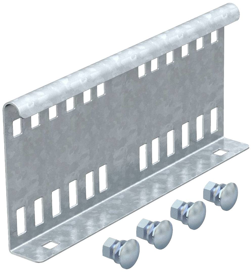 Metallhalterung mit mehreren Schlitzen, begleitet von vier Schrauben zum Befestigen. Ideal für stabile Befestigungen an Wänden.