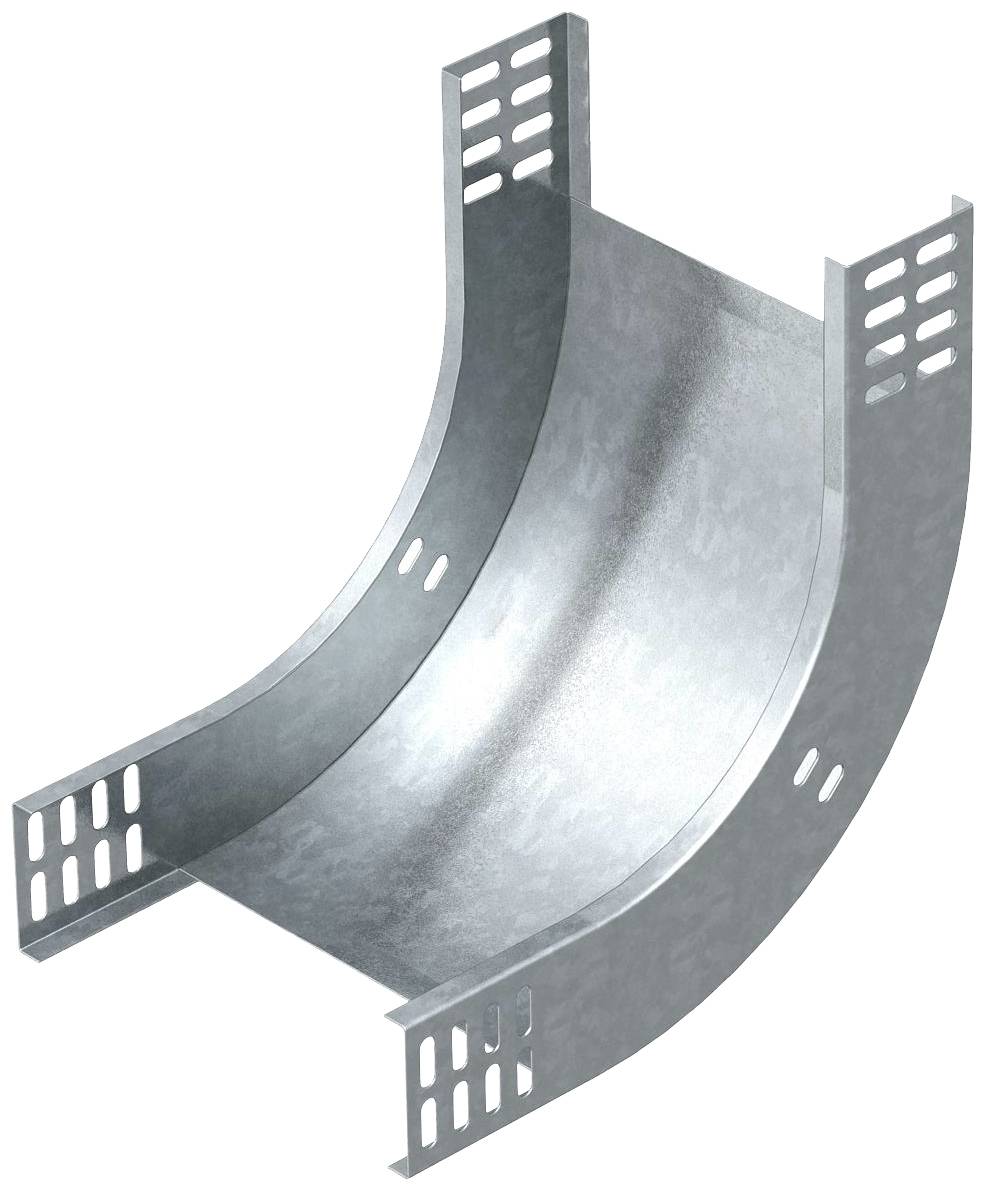 Metallener Kabelkanalbogen in einem 90-Grad-Winkel, zeigt perforierte Seiten und eine glänzende, gebogene Oberfläche.