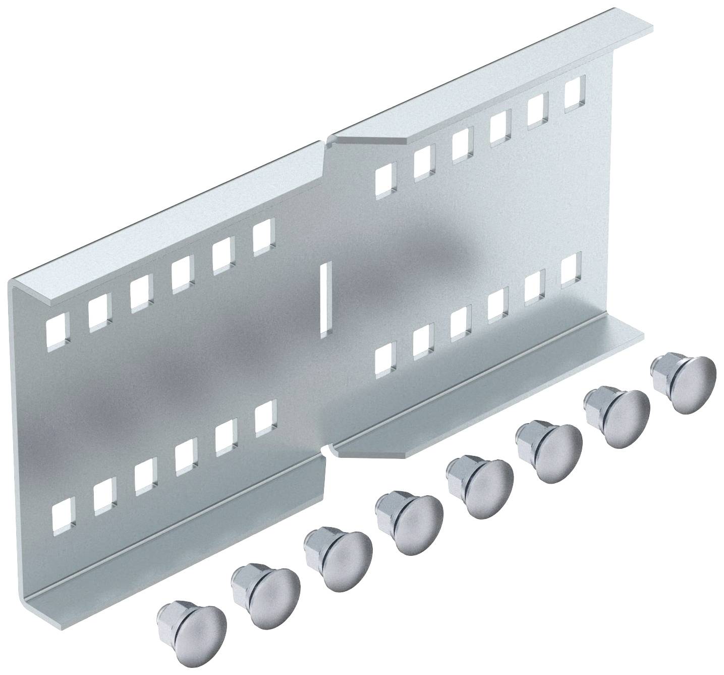 Metallbefestigungsplatte für Installationen, mit 14 rechteckigen Löchern und 6 Schrauben, auf einem weißen Hintergrund gezeigt.