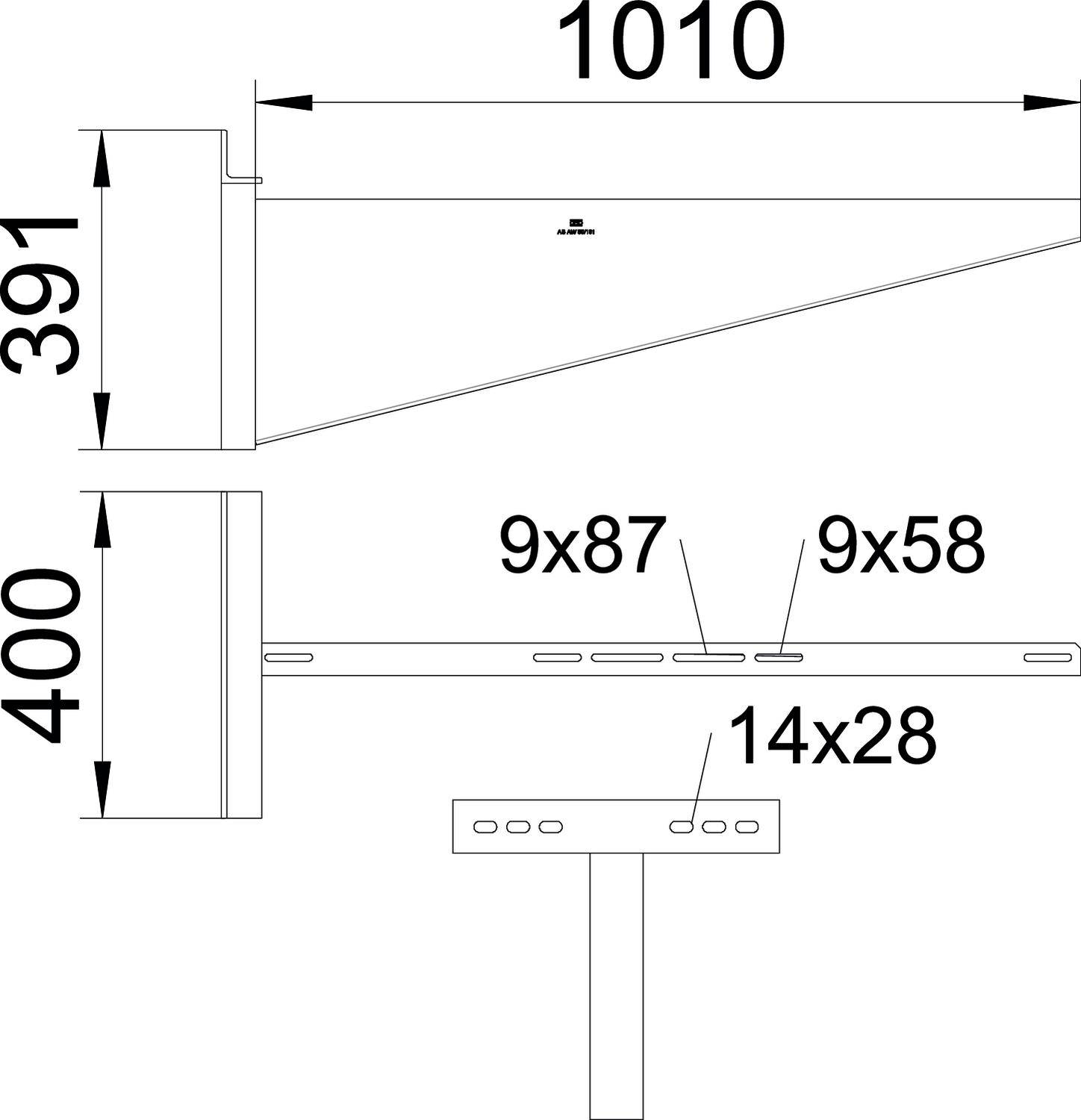Technische Zeichnung eines Regals mit Maßen: Breite 1010 mm, Höhe 391 mm, Tiefe 400 mm. Bohrungen: 9x87, 9x58, 14x28 mm.