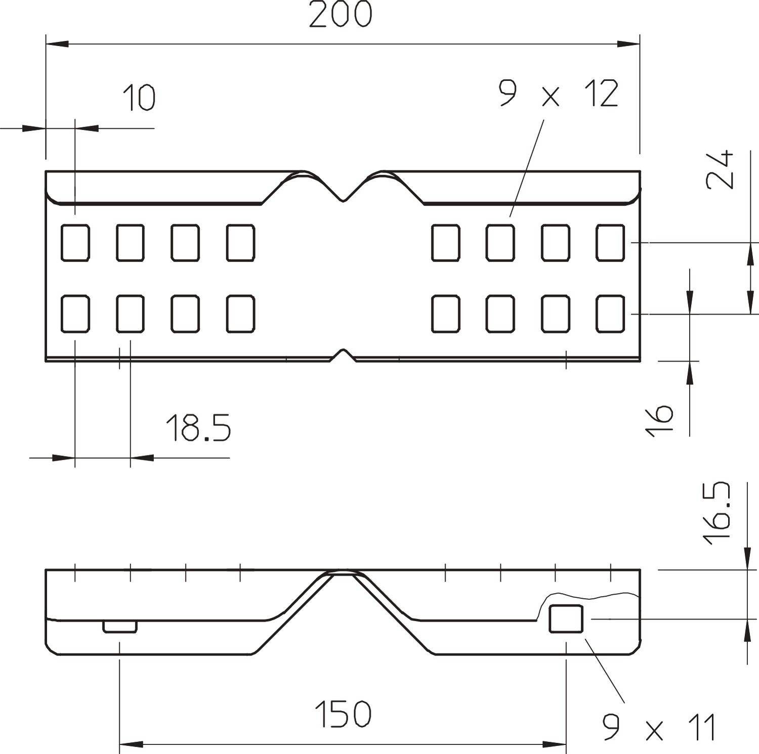 Technische Zeichnung eines Bauteils mit quadratischen Löchern. Maße und Abmessungen sind angegeben. Draufsicht und Seitenansicht.