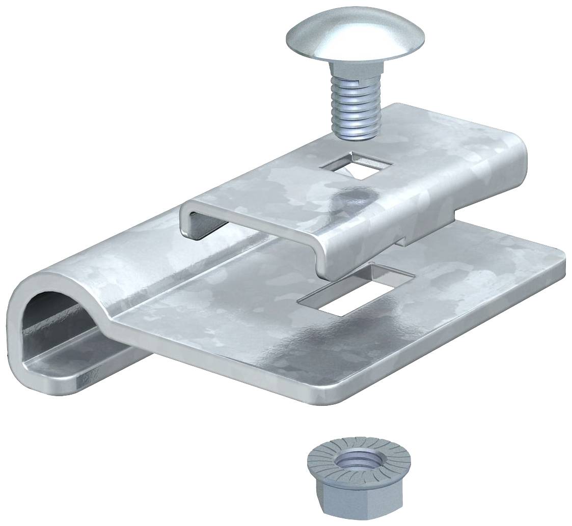 Eine silberne Metallklemmvorrichtung mit einer Schraube und Muttern, bereit für die Montage.