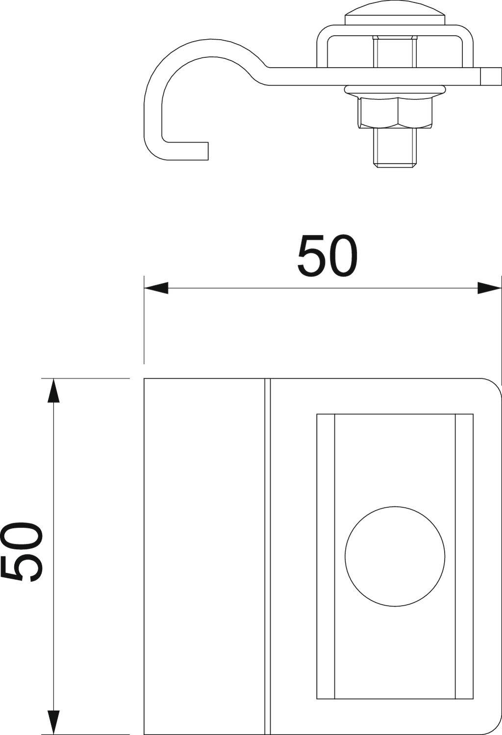 Technische Zeichnung eines Metallclips mit den Maßen 50x50 Millimeter. Oben: Seitenansicht. Unten: Vorderansicht mit zentralem Loch.