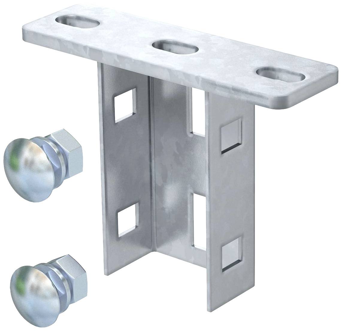 Metallhalterung in L-Form mit drei Bohrungen oben. Zwei glatte Schrauben und Muttern rechts daneben. Verwendet zum Befestigen.