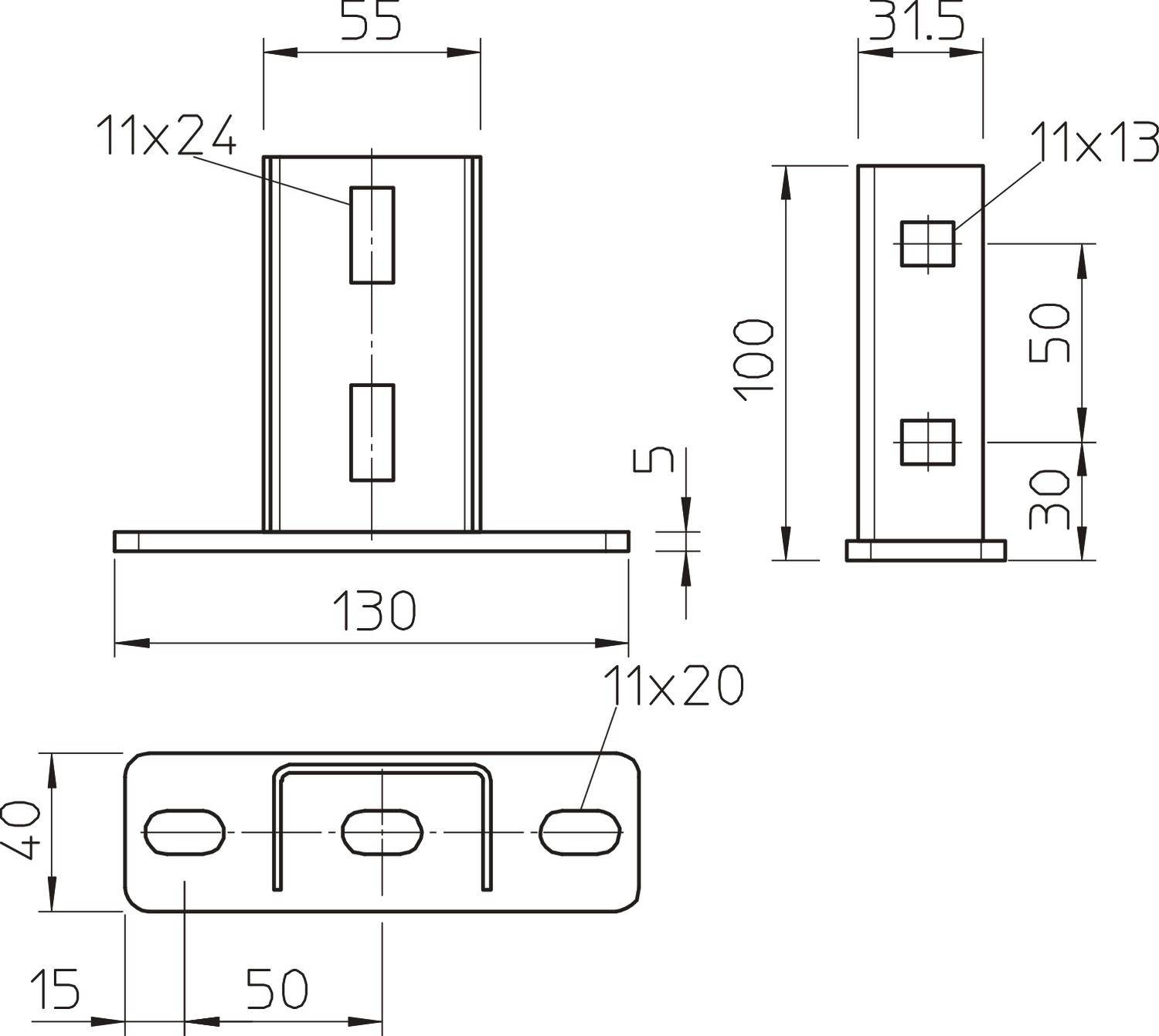 Technische Zeichnung eines Metallhalters mit Bemaßungen. Vorderansicht: 130 mm Breite, 55 mm Höhe. Seitenansicht: 100 mm Höhe, 31,5 mm Tiefe.