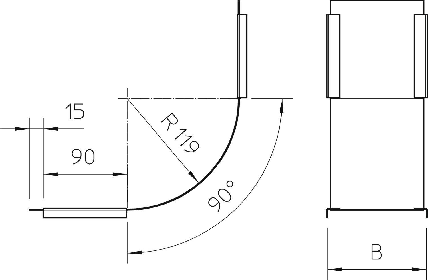 Technische Zeichnung eines gekrümmten Rohrs mit einem 90-Grad-Winkel, Radius R119, Länge 90, Höhe 15. Zeigt Bemaßungen und Winkel.